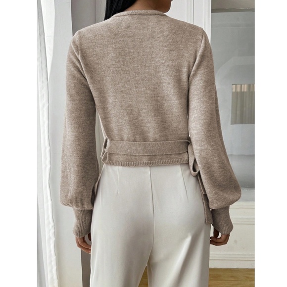 Khaki Wrap Knit Cardigan Long Sleeve Side Tie - Picture 5 of 8